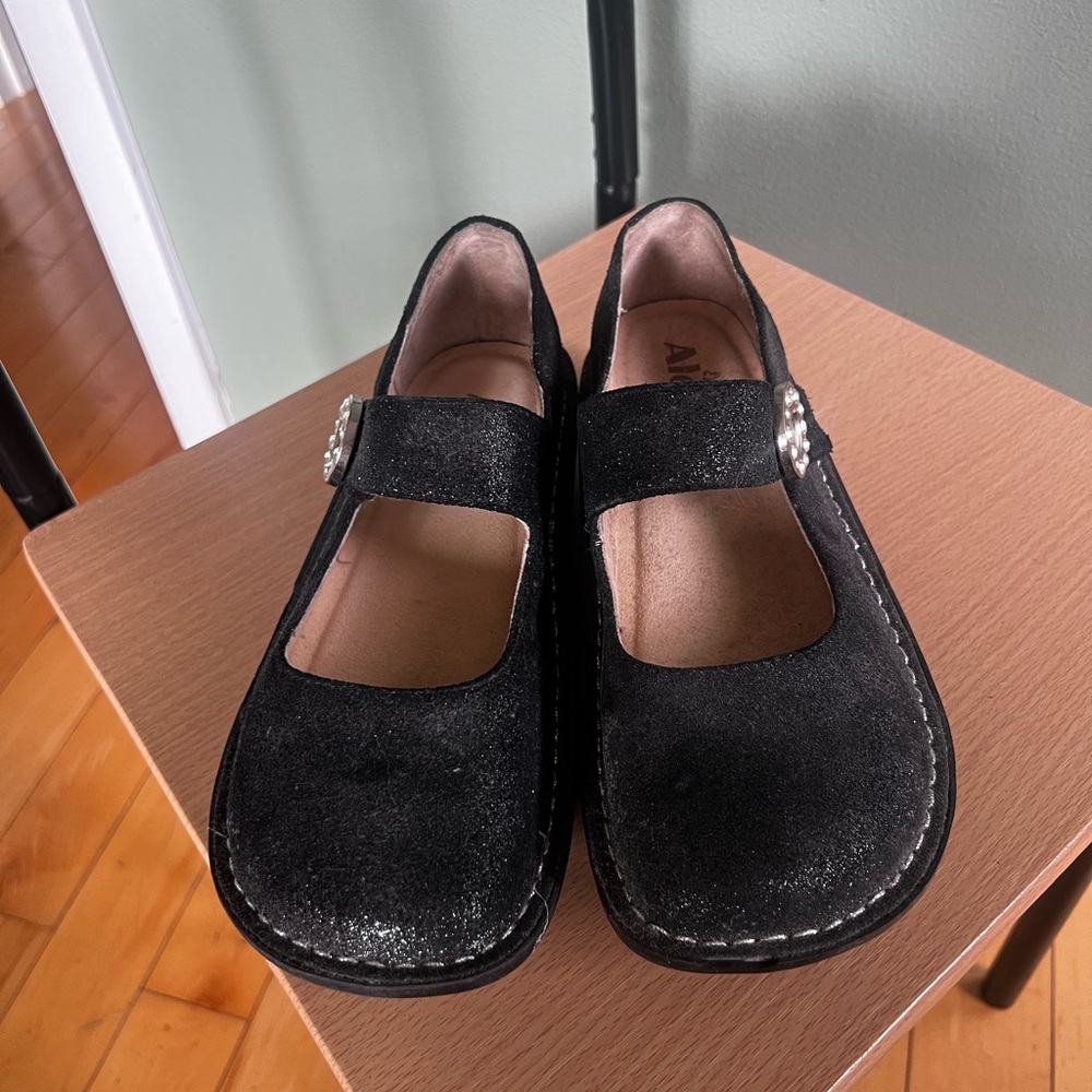Alegria Black Suede Mary Jane Clogs with purple shimmer (38) - Picture 2 of 14